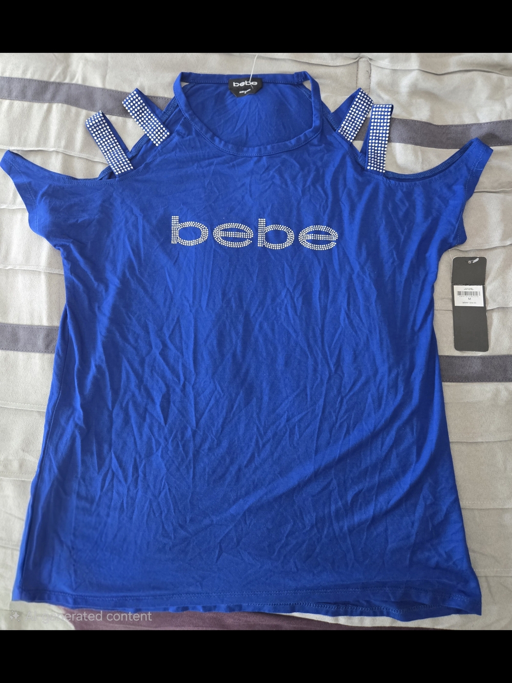 bebe Royal Blue Cold-Shoulder Rhinestone Logo Tee